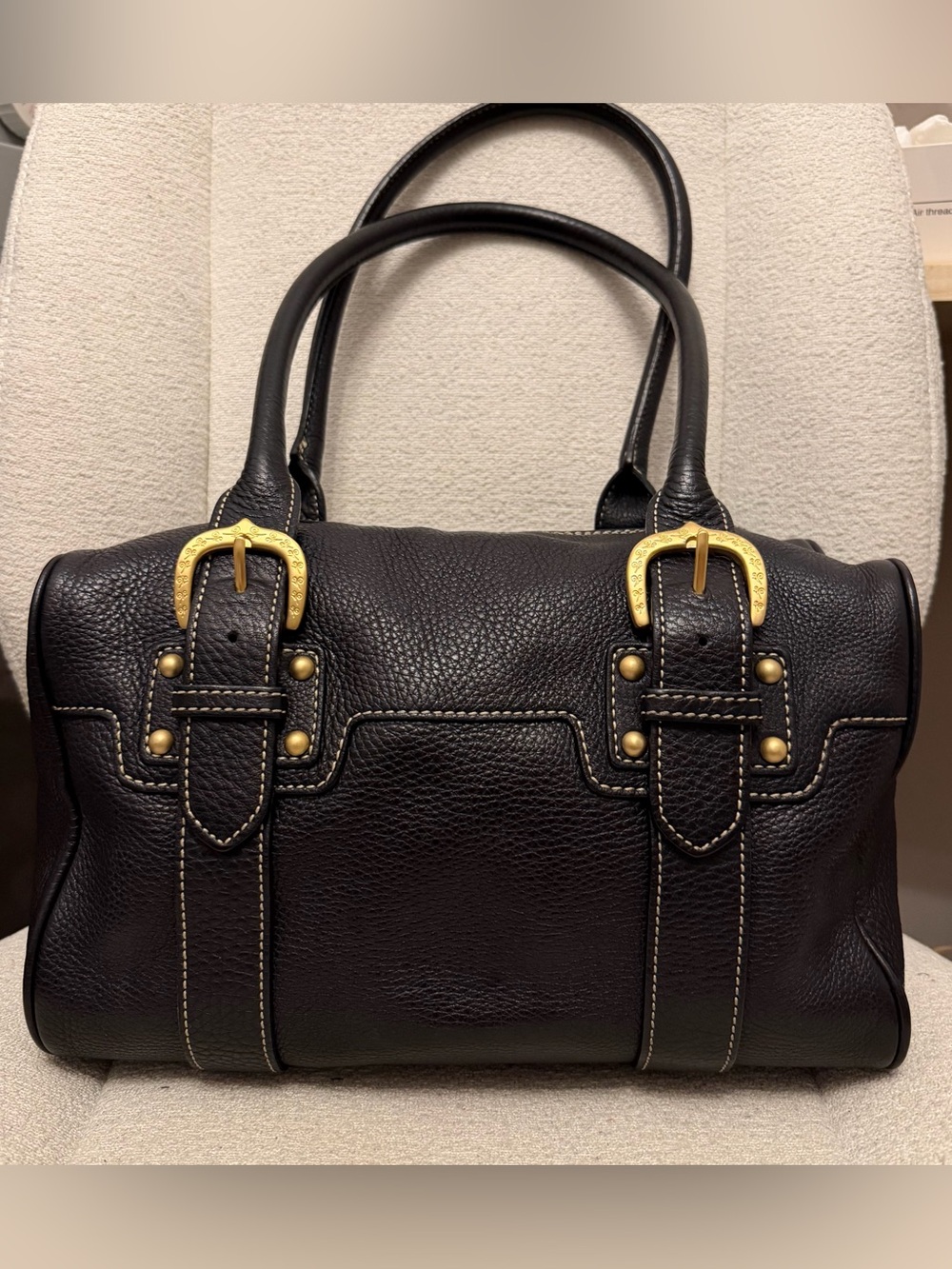 Dooney & Bourke Black Pebbled Leather Satchel with Gold Buckles